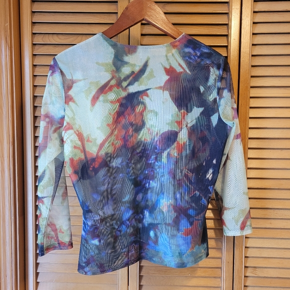 Anne Klein Abstract Colorful Long Sleeve Sheer Blouse - Picture 3 of 7